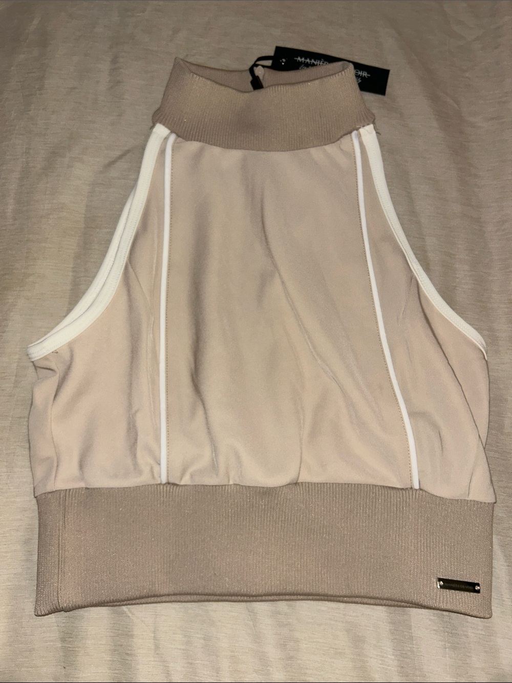 Maniere De Voir Beige Sleeveless Mock Neck Crop Top with White Trim US 6